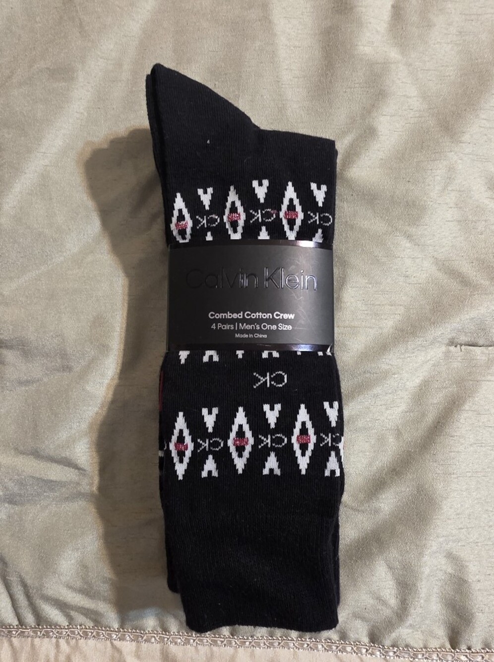 NWT Calvin Klein Black Crew Socks with White and Red Geometric Accent